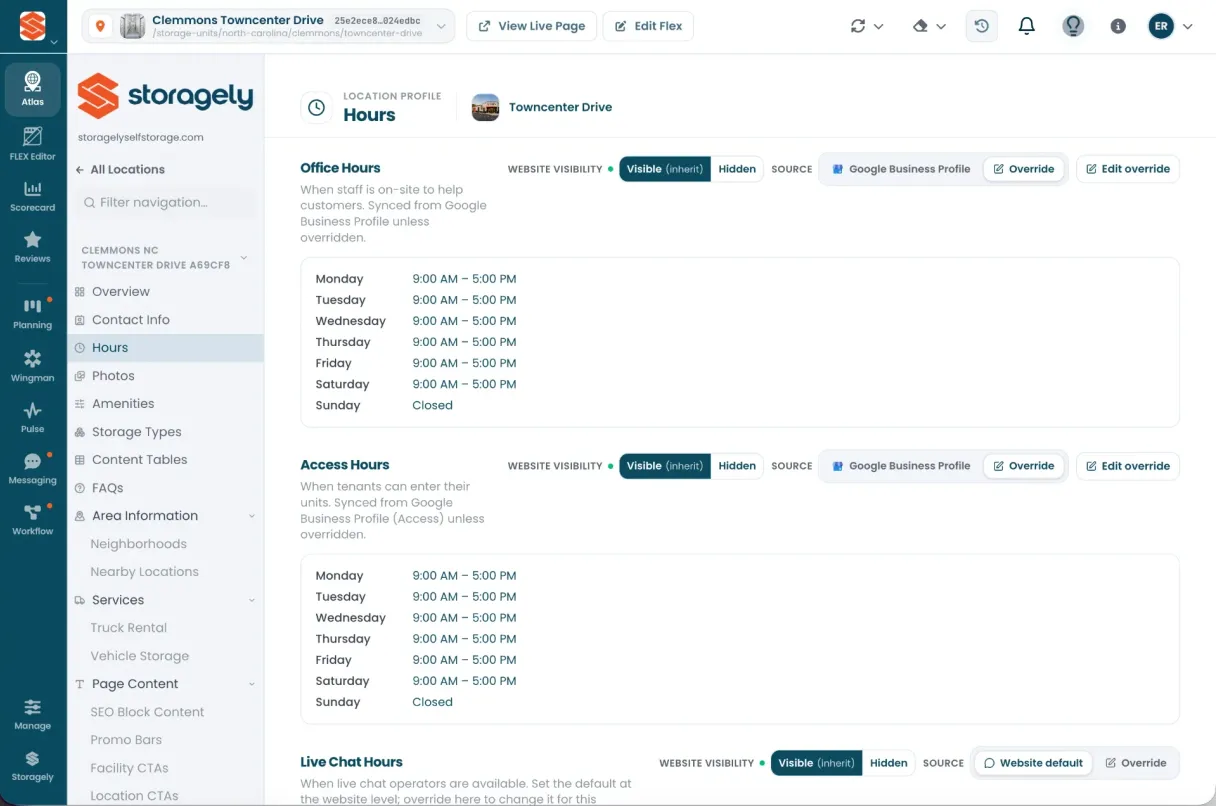 The Atlas Hours screen, where office, access and live chat hours for one location are managed.