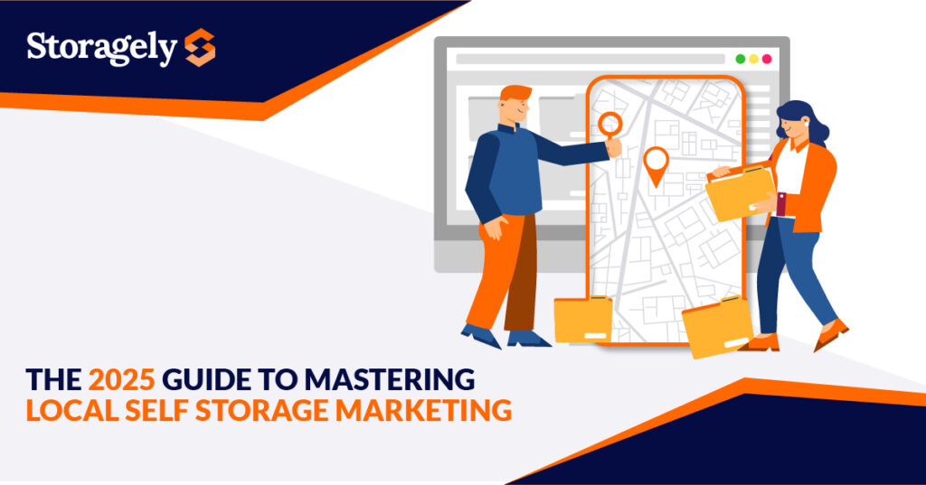 Man and woman mastering local self storage marketing with map.
