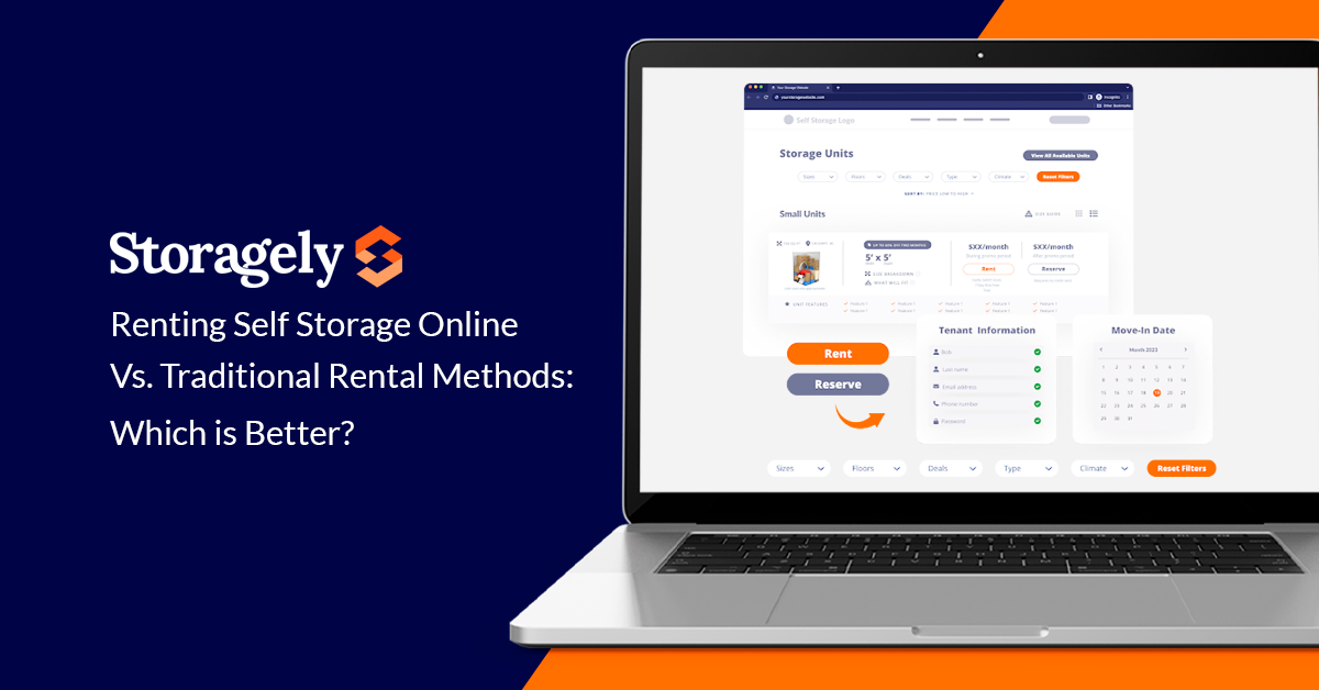 Text reading Renting Self Storage Online Vs. Traditional Rental Methods: Which is Better? Next to rental system image.