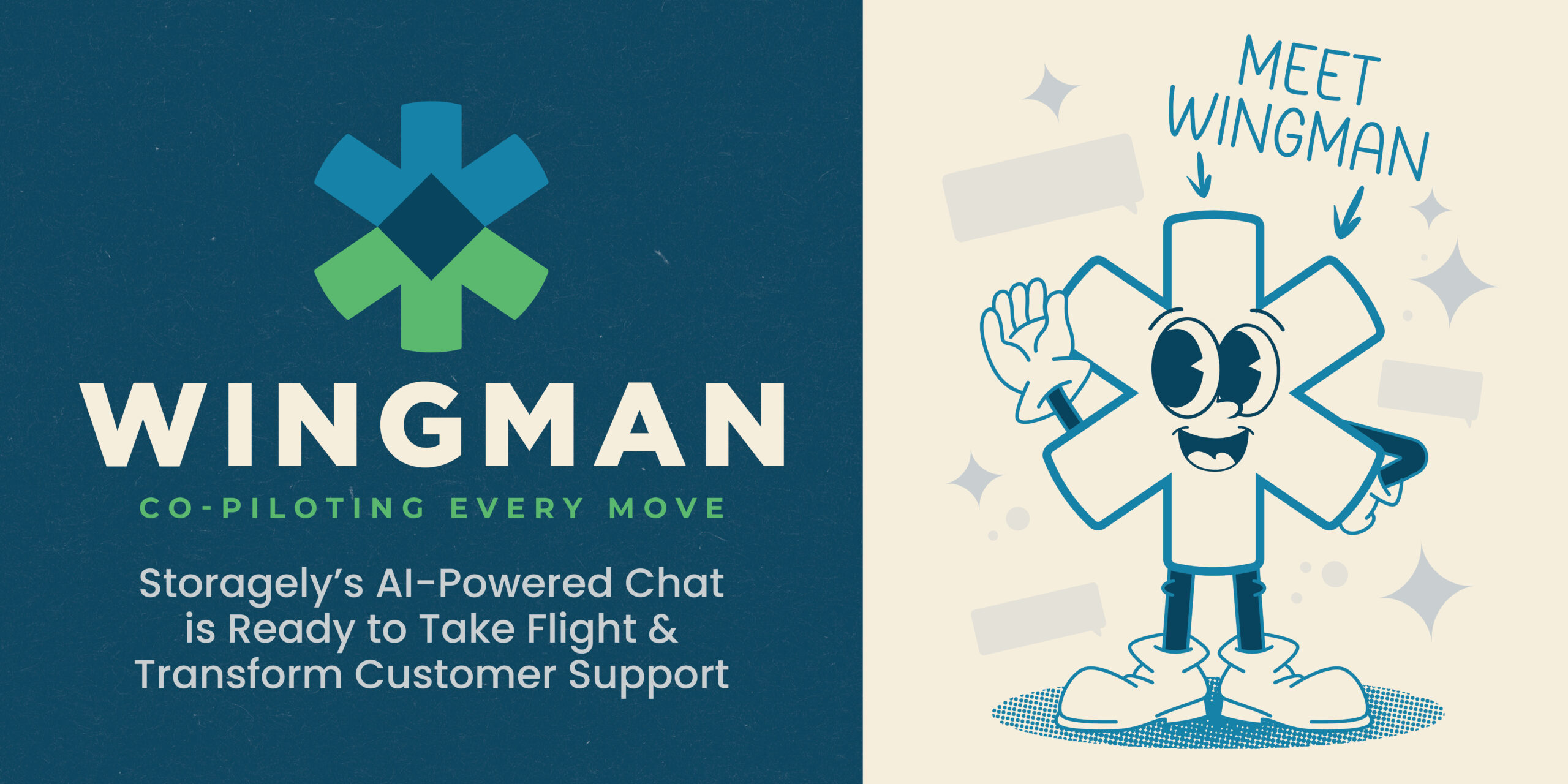 Waving WIngman logo next to text reading Meet Wingman: Storagely's AI-Powered Chat Ready to Take Flight and Transform Customer Support.